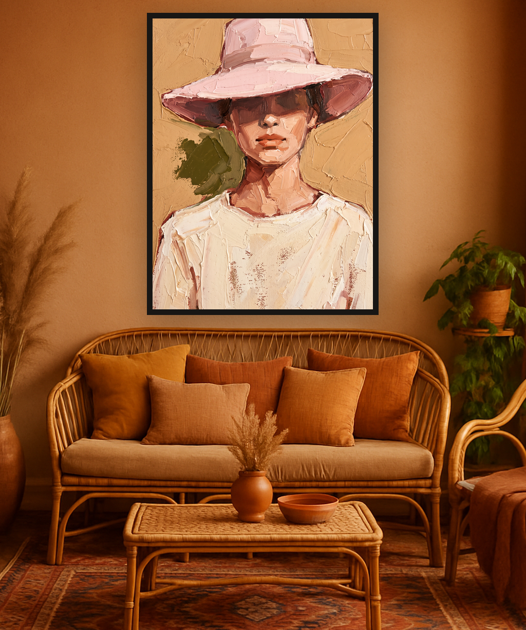 Rose Brim van Wandkraft op canvas in zwarte baklijst, in een warm bohemian interieur.
