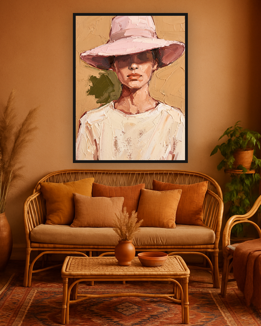 Rose Brim van Wandkraft op canvas in zwarte baklijst, in een warm bohemian interieur.