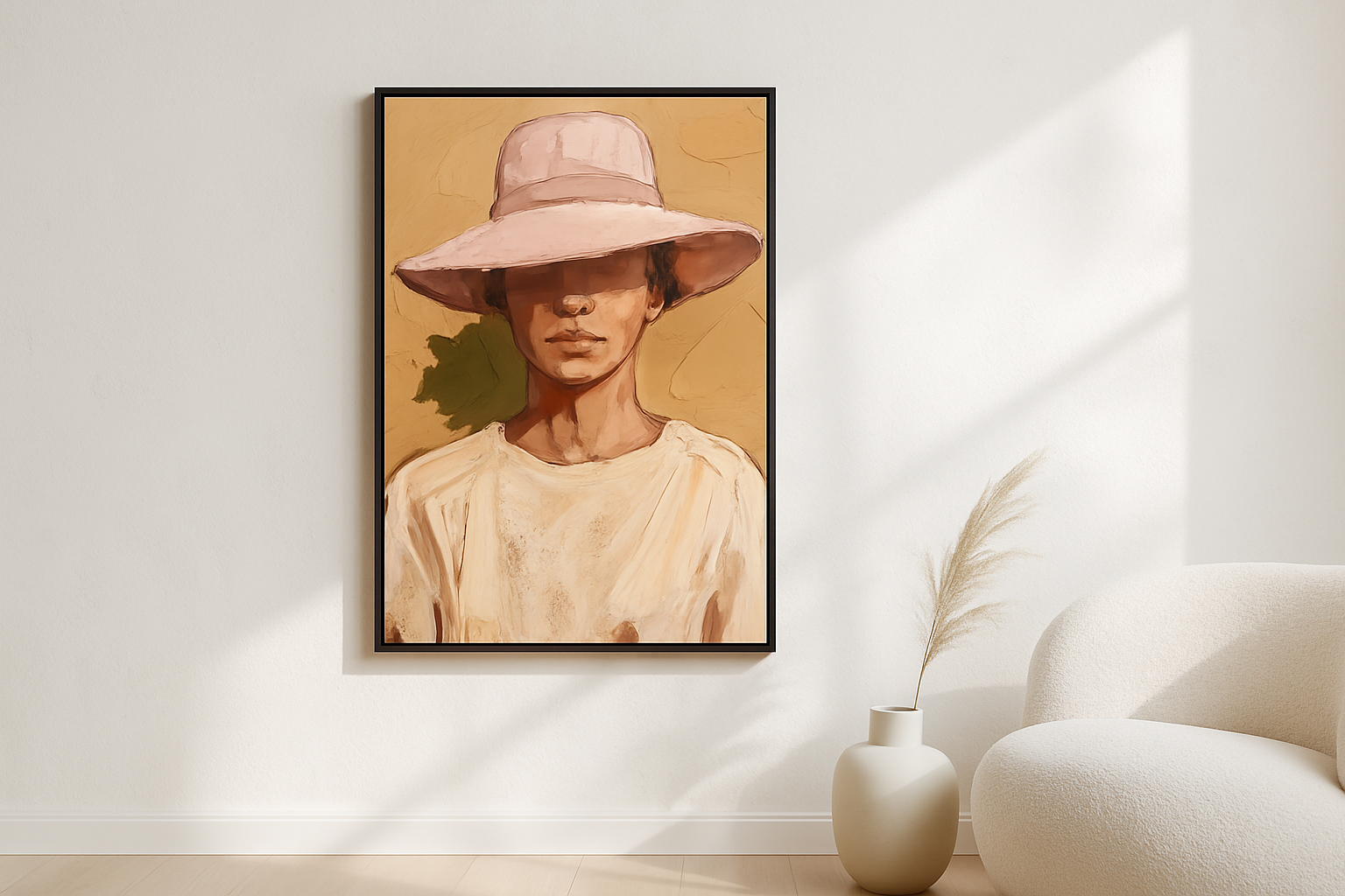 Rose Brim van Wandkraft op canvas in zwarte baklijst, in een licht Scandinavisch interieur.