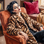 Salon Repose - vrouw in luipaardprint mantel in fauteuil wanddecoratie