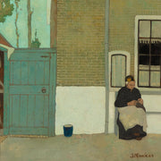 Wandkraft Wanddekoration: strickende Frau bei einem Backsteinhaus mit blauer Tür, serene Stimmung, klassisches Gemälde von Jan Mankes als Wanddekoration. Für ein stilvolles Interieur