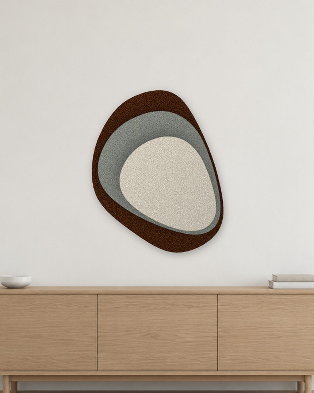 Stone Shield relief acoustique en feutre superposé, ambiance, coloris Kruidnagel-Mint-Kalksteen