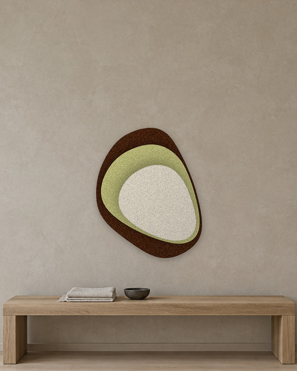 Stone Shield relief acoustique en feutre superposé, ambiance, coloris Kruidnagel-Riet-Ivoor
