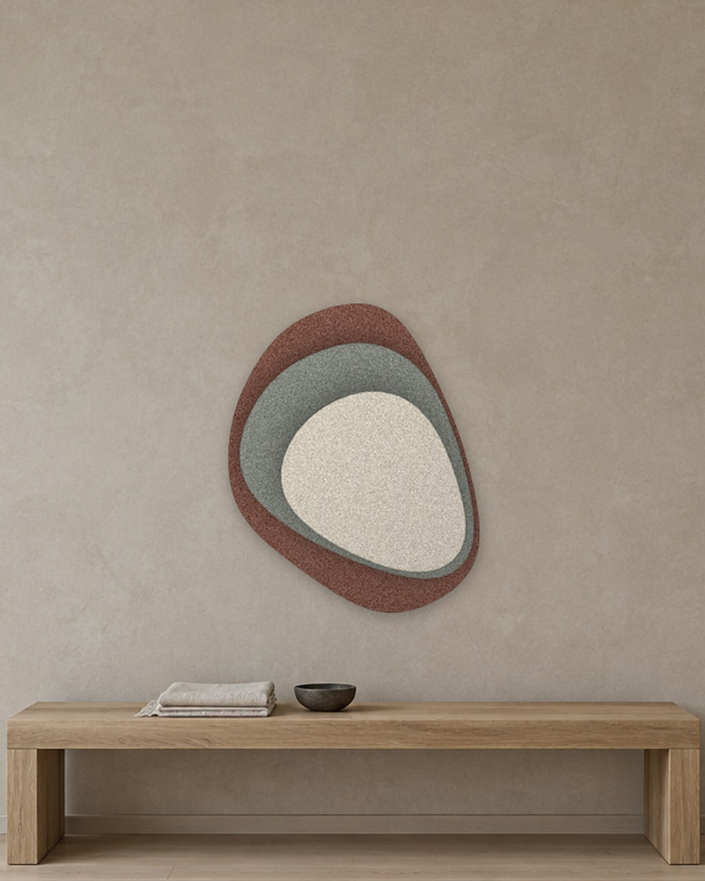 Stone Shield relief acoustique en feutre superposé, ambiance, coloris Cacao-Mint-Ivoor