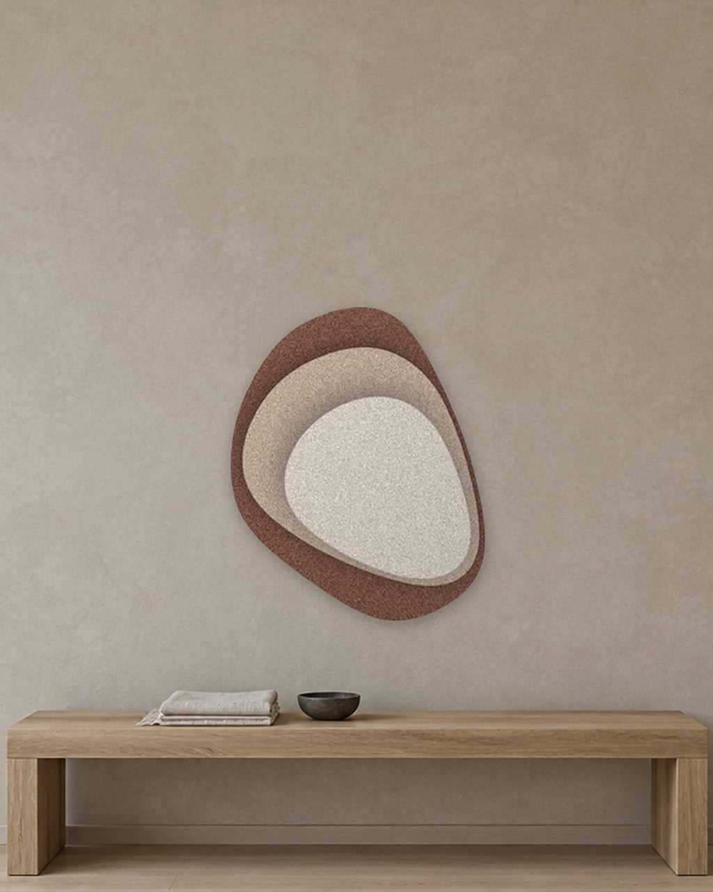Stone Shield relief acoustique en feutre superposé, ambiance, coloris Cacao-Linnen-Ivoor
