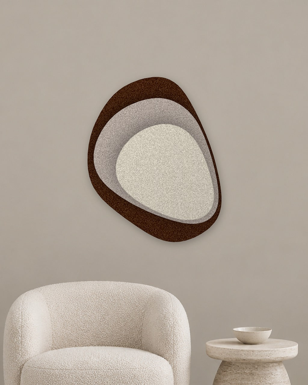 Stone Shield relief acoustique en feutre superposé, ambiance, coloris Kruidnagel-Warmgrijs-Kalksteen