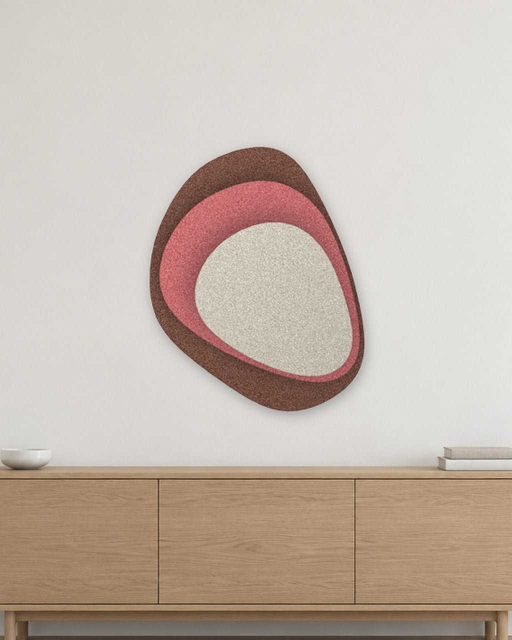 Stone Shield relief acoustique en feutre superposé, ambiance, coloris Cacao-Blush-Kalksteen