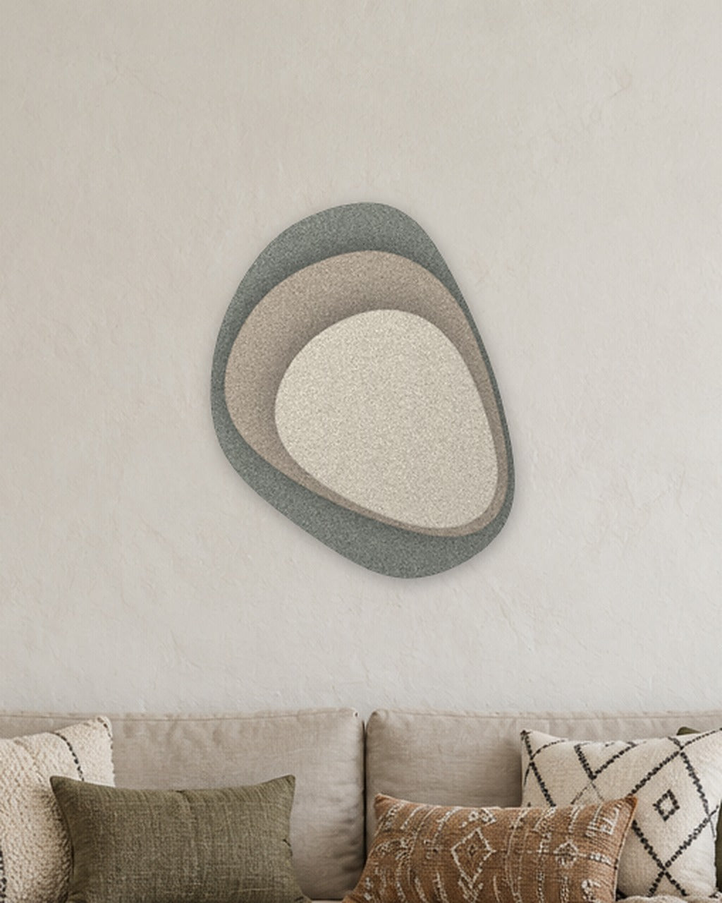 Stone Shield relief acoustique en feutre superposé, ambiance, coloris Mint-Salie-greige-Ivoor