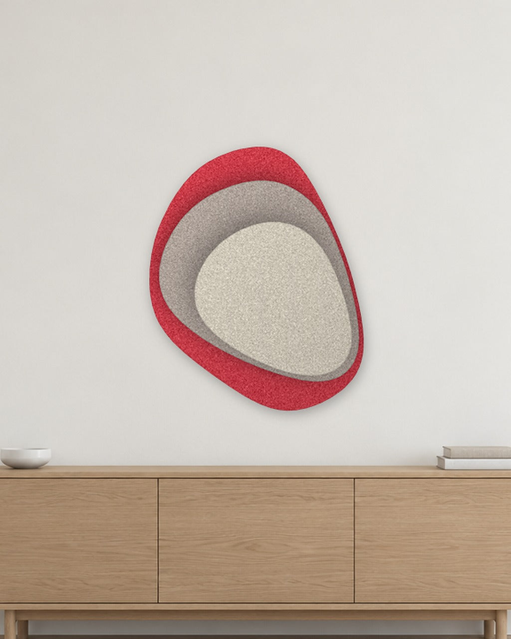 Stone Shield relief acoustique en feutre superposé, ambiance, coloris Framboos-Warmgrijs-Ivoor