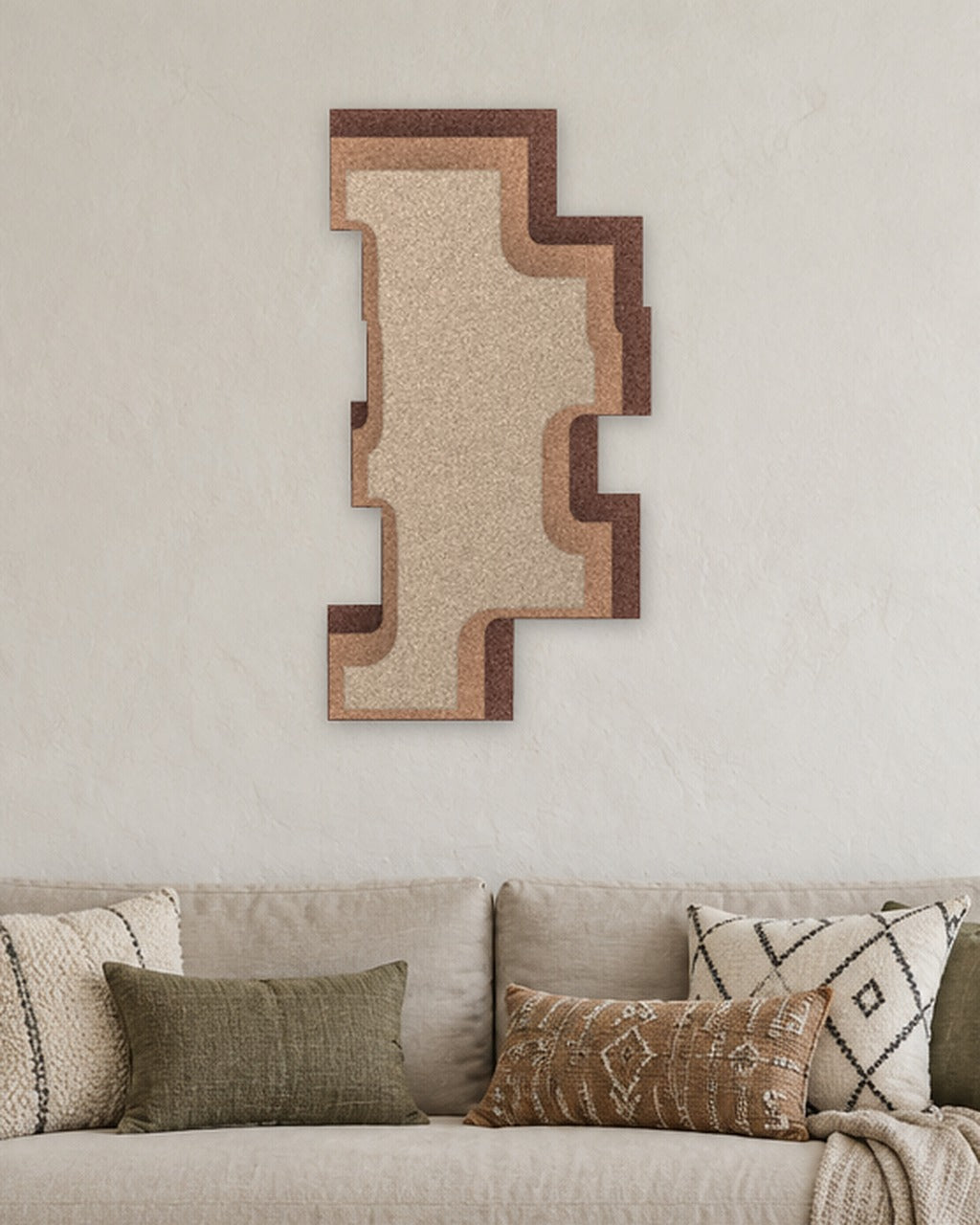 Step Tower relief acoustique en feutre superposé, ambiance, coloris Cacao-Caramel-Zand