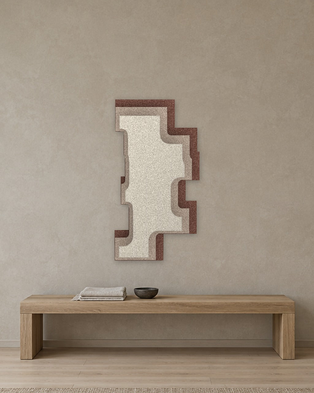 Step Tower relief acoustique en feutre superposé, ambiance, coloris Cacao-Linnen-Ivoor