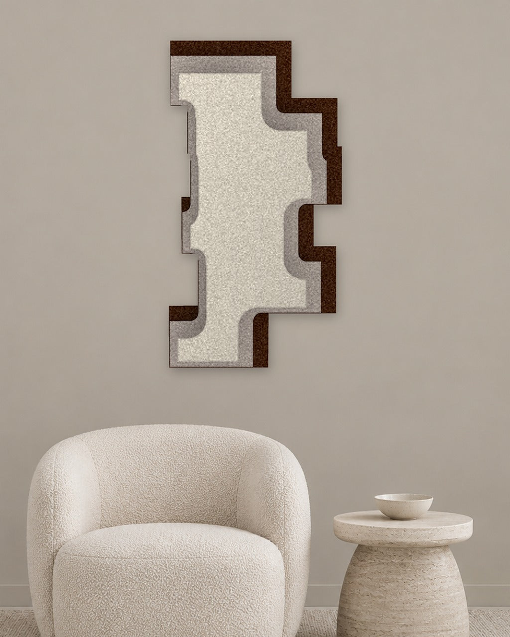 Step Tower relief acoustique en feutre superposé, ambiance, coloris Kruidnagel-Warmgrijs-Kalksteen