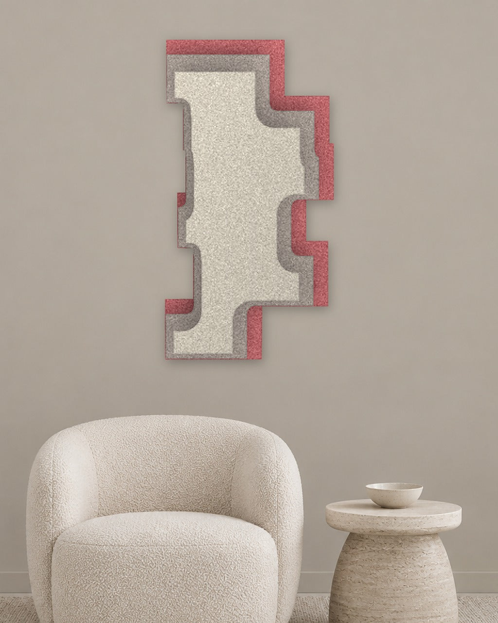 Step Tower relief acoustique en feutre superposé, ambiance, coloris Blush-Warmgrijs-Ivoor