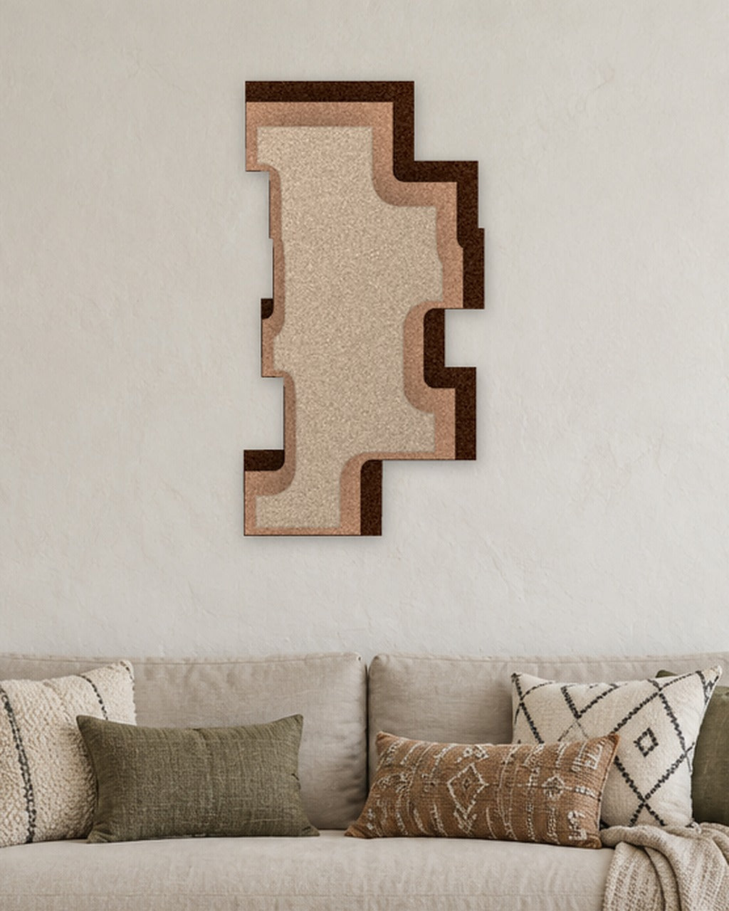 Step Tower relief acoustique en feutre superposé, ambiance, coloris Kruidnagel-Caramel-Zand