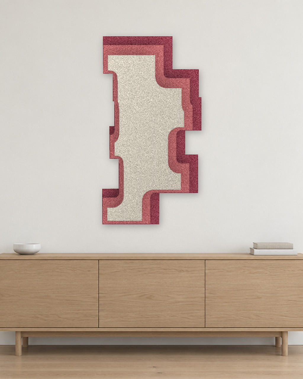 Step Tower relief acoustique en feutre superposé, ambiance, coloris Bordeaux-Blush-Ivoor