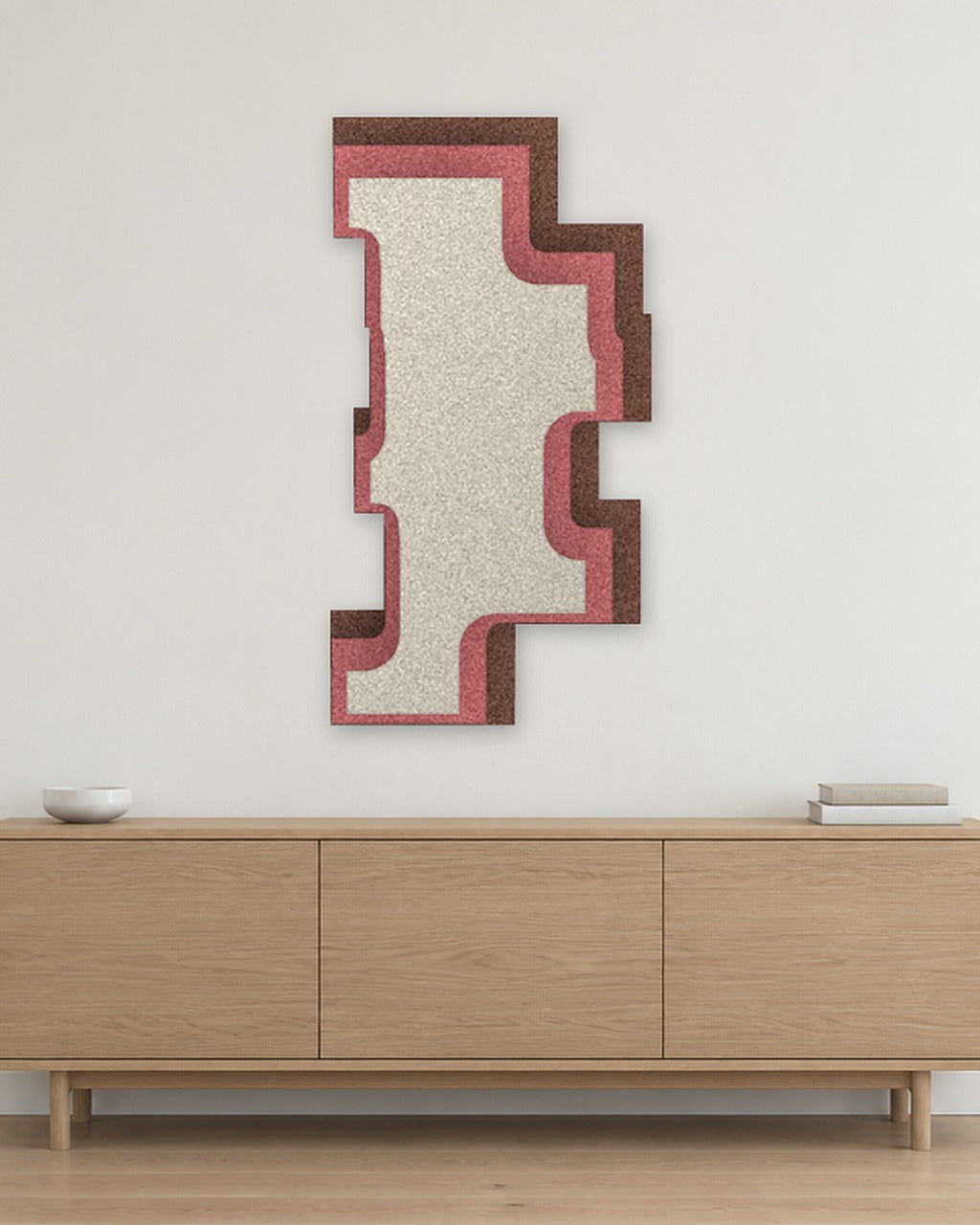 Step Tower relief acoustique en feutre superposé, ambiance, coloris Cacao-Blush-Kalksteen