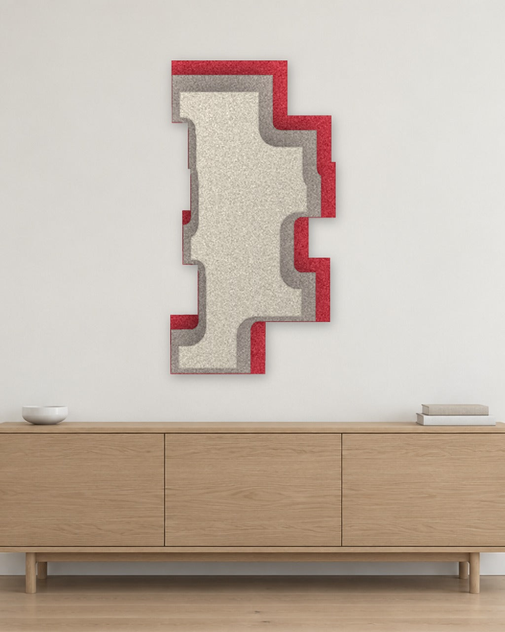 Step Tower relief acoustique en feutre superposé, ambiance, coloris Framboos-Warmgrijs-Ivoor