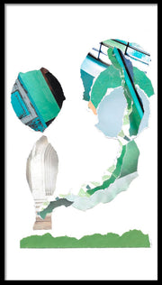 Décoration murale Wandkraft : peinture collage moderne aux formes abstraites vertes, bleues et blanches sur fond blanc épuré, allure moderne. Pour un intérieur élégant