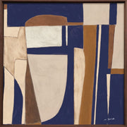 Décoration murale Wandkraft : art mural abstrait aux formes géométriques en bleu marine, beige, brun et blanc, cadre en bois, design moderne. Pour un intérieur élégant