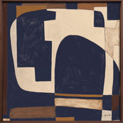 Décoration murale Wandkraft : décoration murale abstraite aux formes géométriques bleu marine, crème et brunes dans un cadre en bois, style moderne. Pour un intérieur élégant