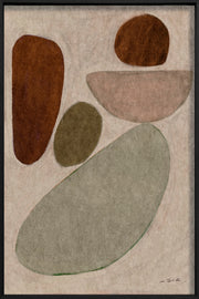 Wandkraft Wanddekoration: Minimalistische Wandkunst mit vier organisch geformten Farbflächen in Erdtönen, klar in Schwarz gerahmt. für ein stilvolles Interieur