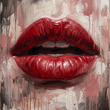 Scarlet Whisper - schilderij van rode lippen in diep scharlaken op een abstracte achtergrond