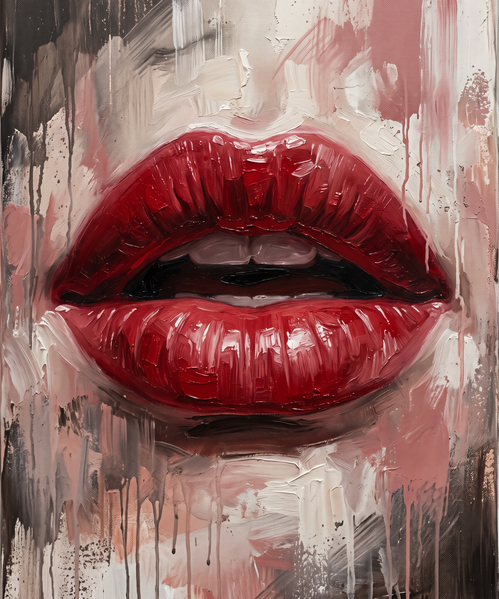 Scarlet Whisper - schilderij van rode lippen in diep scharlaken op een abstracte achtergrond