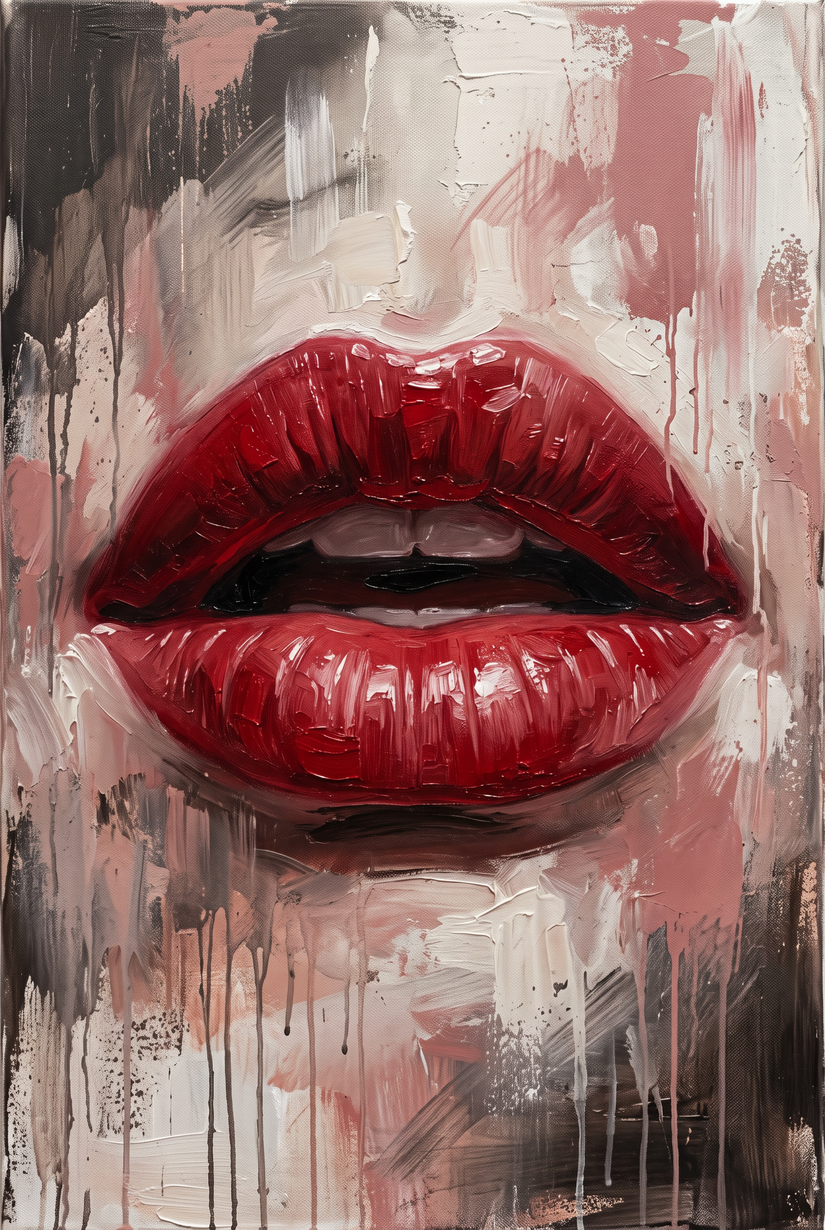 Scarlet Whisper - schilderij van rode lippen in diep scharlaken op een abstracte achtergrond