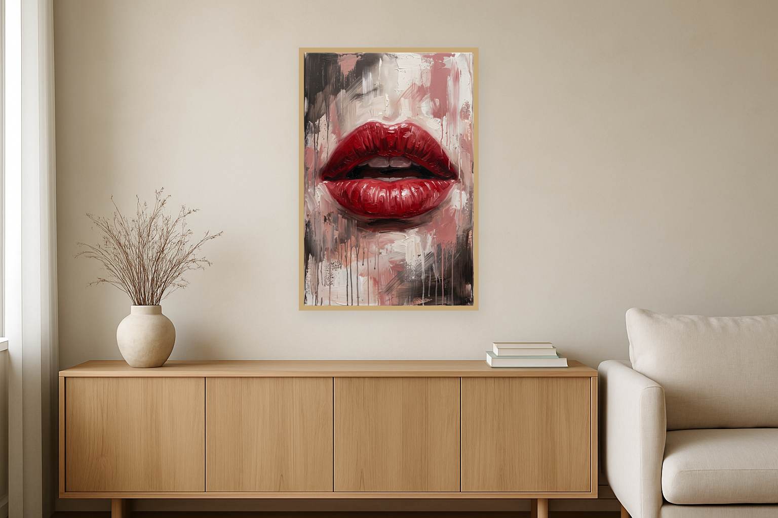 Scarlet Whisper van Wandkraft op canvas in blanke baklijst, in een warm, licht interieur.