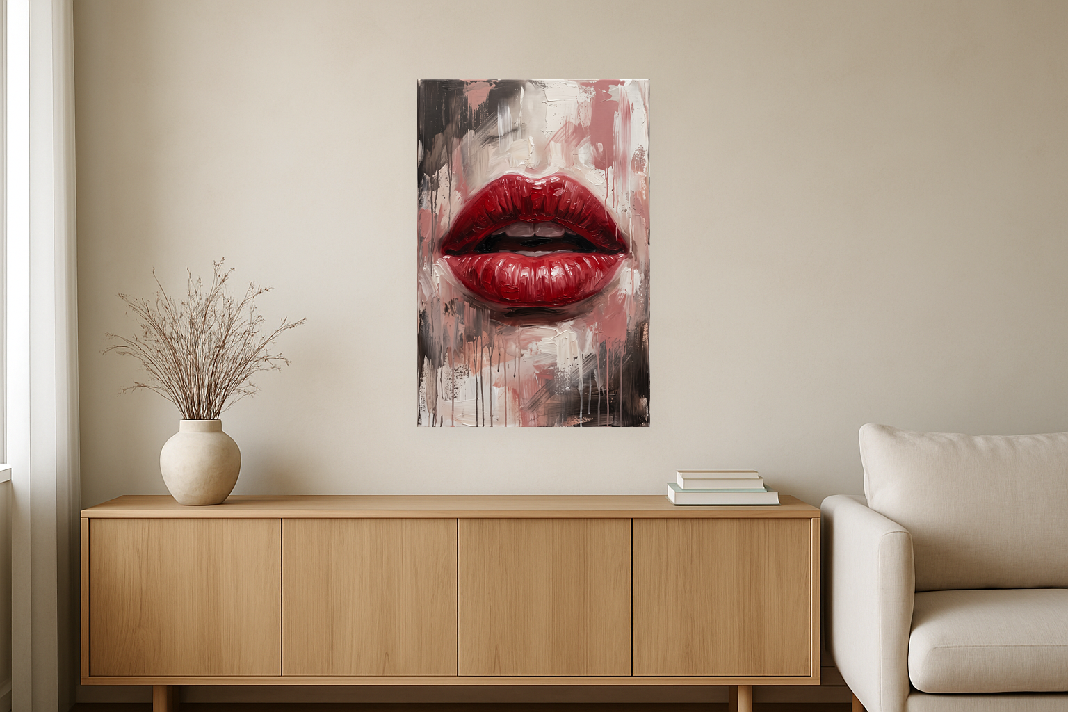 Scarlet Whisper van Wandkraft op canvas zonder lijst, vlak aan de muur, in een warm, licht interieur.