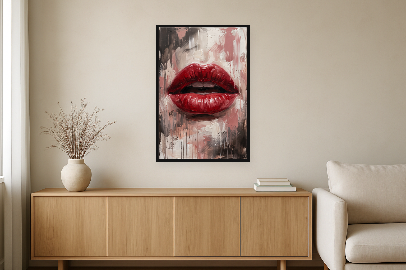 Scarlet Whisper van Wandkraft op canvas in zwarte baklijst, in een warm, licht interieur.