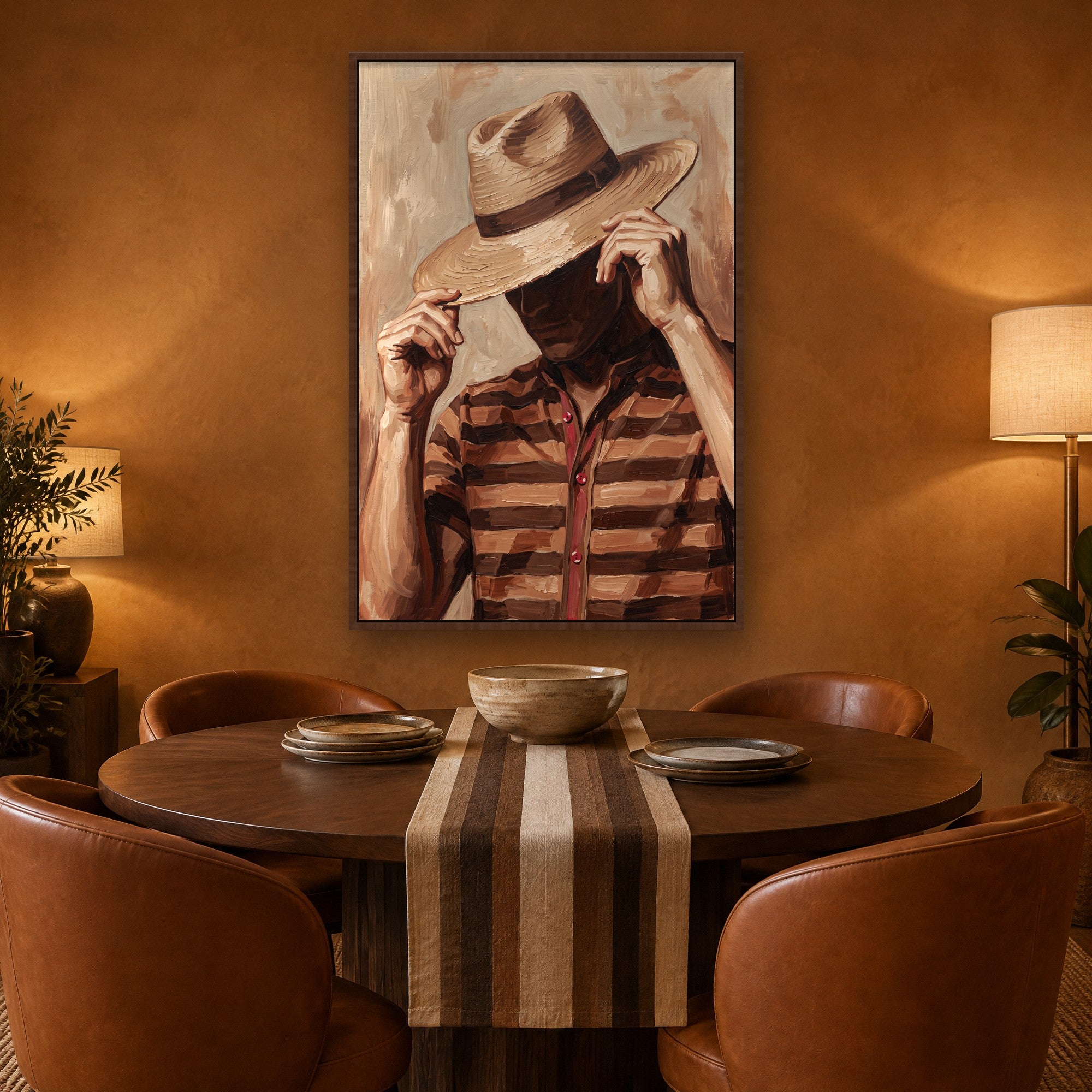 Shielded Brim Stimmungsbild mit kastanienbraunem Schattenfugenrahmen im warmen Esszimmer