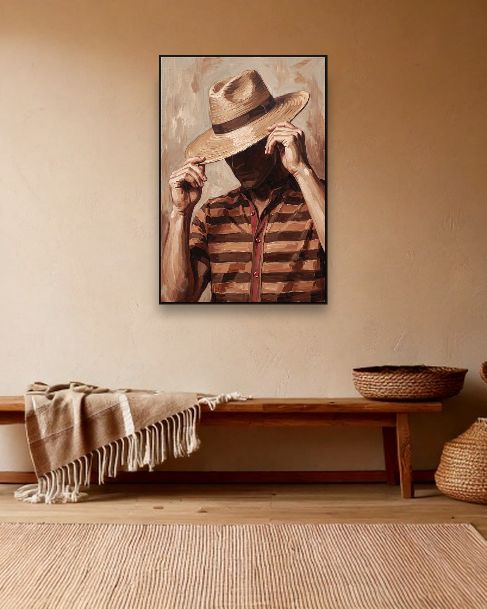 Shielded Brim Stimmungsbild mit schwarzem Schattenfugenrahmen im Boho Interieur