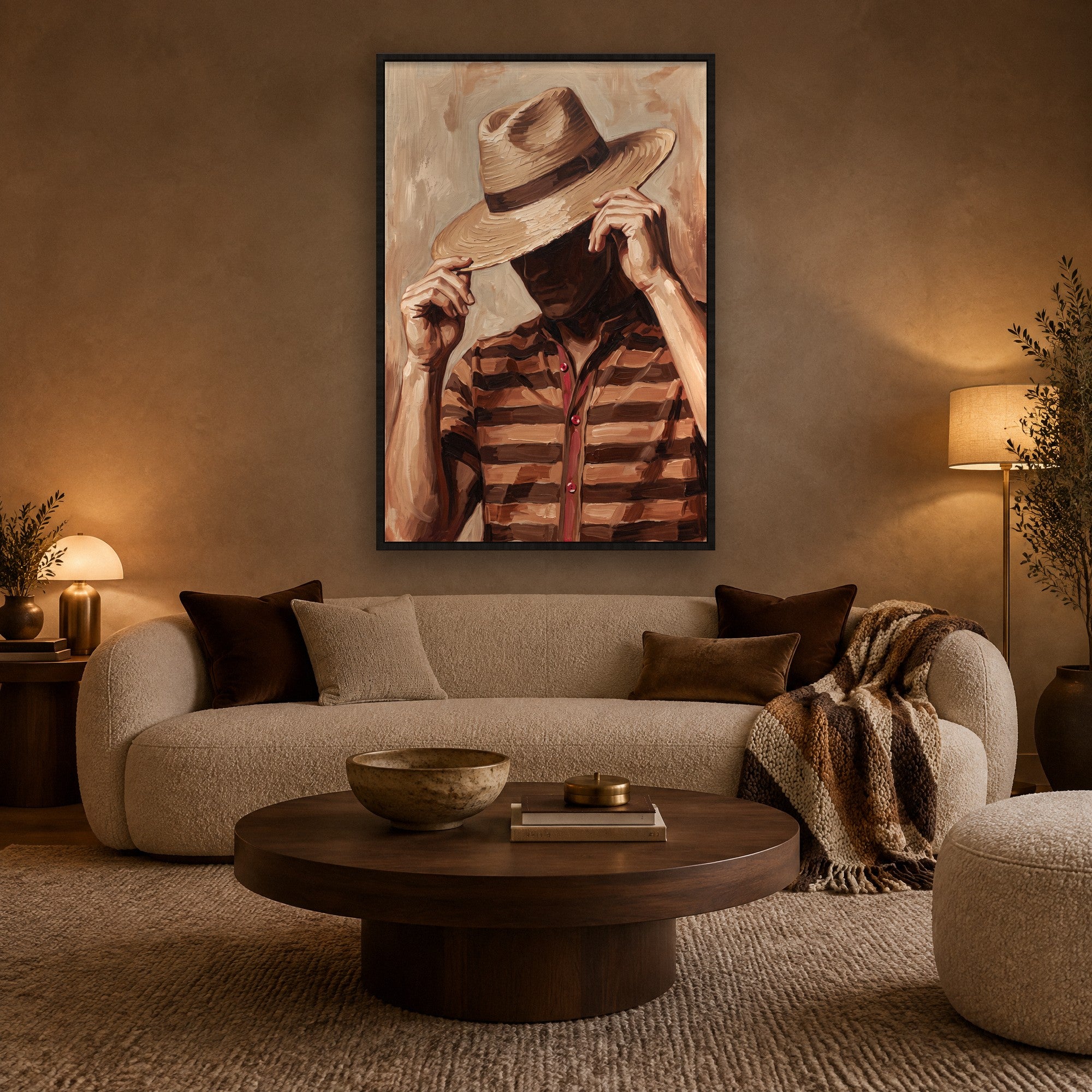 Shielded Brim Stimmungsbild mit schwarzem Schattenfugenrahmen im warmen Wohnzimmer