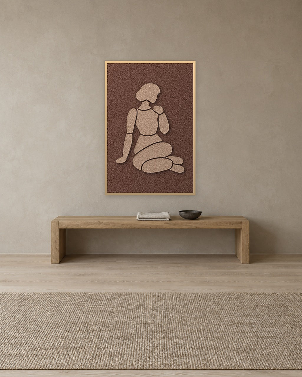Shoulder Rest Cappuccino Filzpaneel mit Schattenfugenrahmen in Natur an der Wand in einem Japandi-Interieur