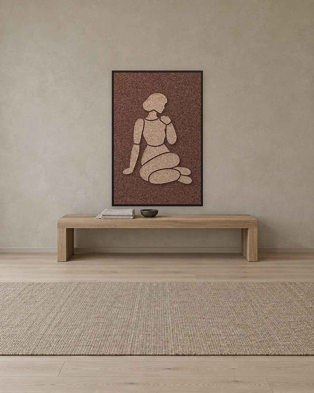 Shoulder Rest Cappuccino Filzpaneel mit schwarzem Schattenfugenrahmen an der Wand in einem ruhigen Japandi-Interieur
