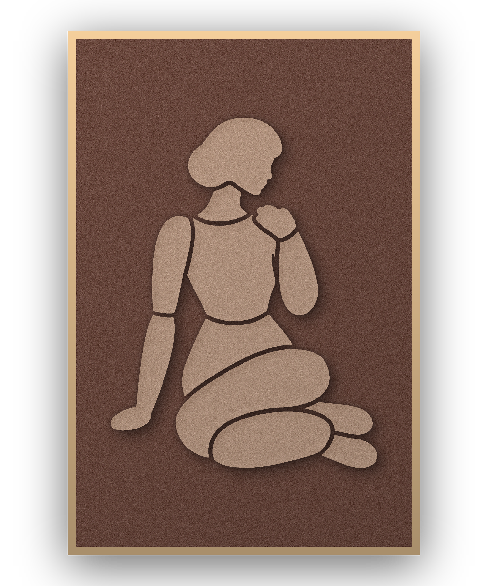 Shoulder Rest Cappuccino Akustikpaneel aus Filz mit aufgelegter Frauenfigur in Cappuccinobraun auf Kaffeebraun, mit Schattenfugenrahmen in Natur
