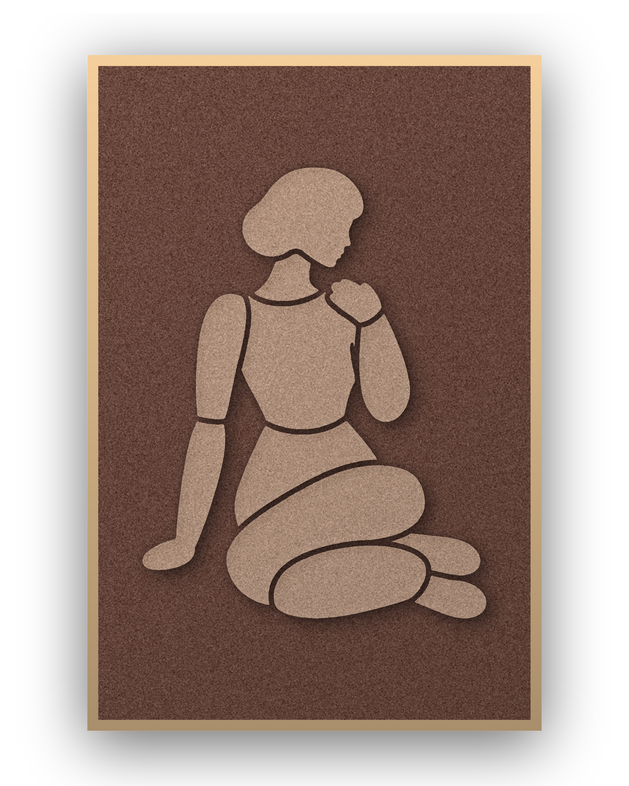 Shoulder Rest Cappuccino Akustikpaneel aus Filz mit aufgelegter Frauenfigur in Cappuccinobraun auf Kaffeebraun, mit Schattenfugenrahmen in Natur