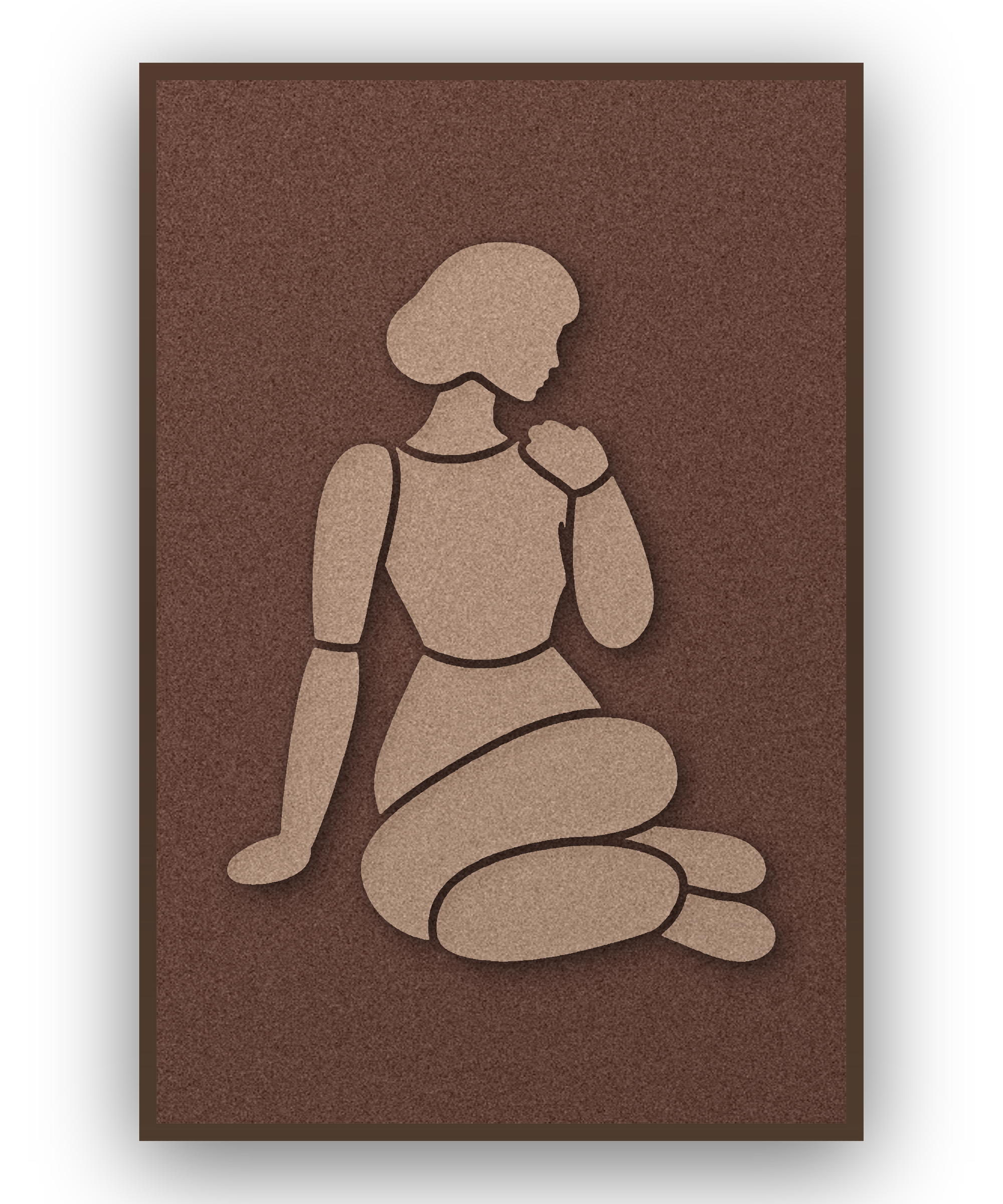 Shoulder Rest Cappuccino Akustikpaneel aus Filz mit aufgelegter Frauenfigur in Cappuccinobraun auf Kaffeebraun, mit kastanienbraunem Schattenfugenrahmen