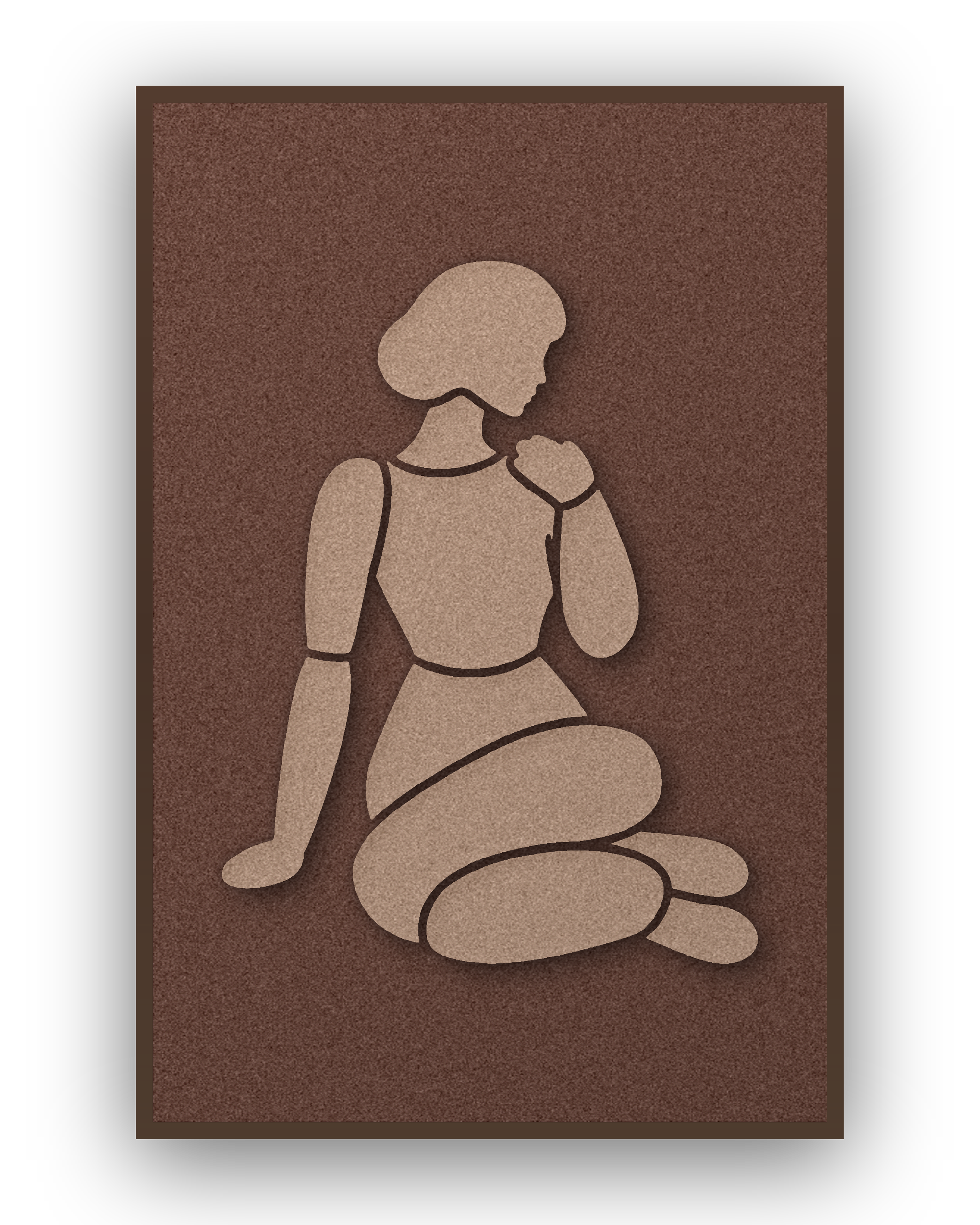 Shoulder Rest Cappuccino Akustikpaneel aus Filz mit aufgelegter Frauenfigur in Cappuccinobraun auf Kaffeebraun, mit kastanienbraunem Schattenfugenrahmen