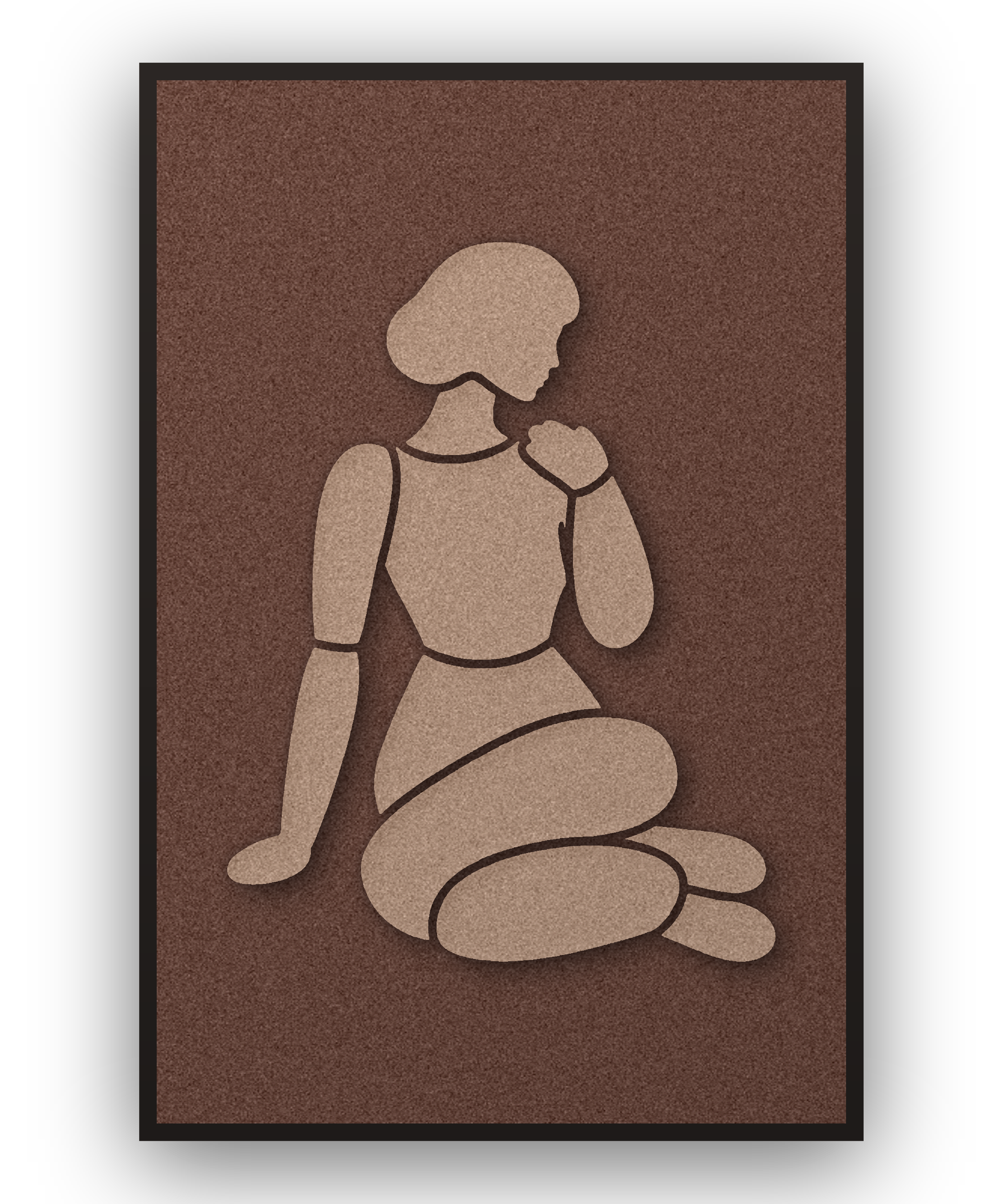Shoulder Rest Cappuccino Akustikpaneel aus Filz mit aufgelegter Frauenfigur in Cappuccinobraun auf Kaffeebraun, mit schwarzem Schattenfugenrahmen