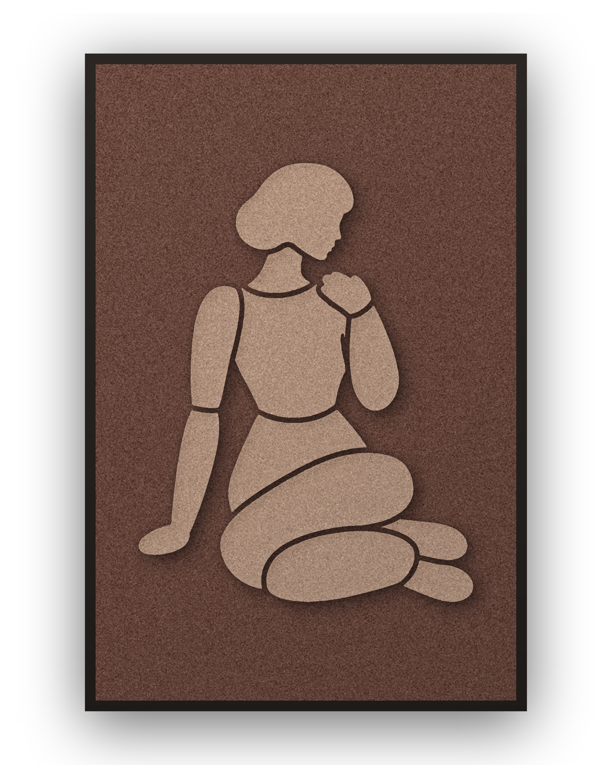 Shoulder Rest Cappuccino Akustikpaneel aus Filz mit aufgelegter Frauenfigur in Cappuccinobraun auf Kaffeebraun, mit schwarzem Schattenfugenrahmen