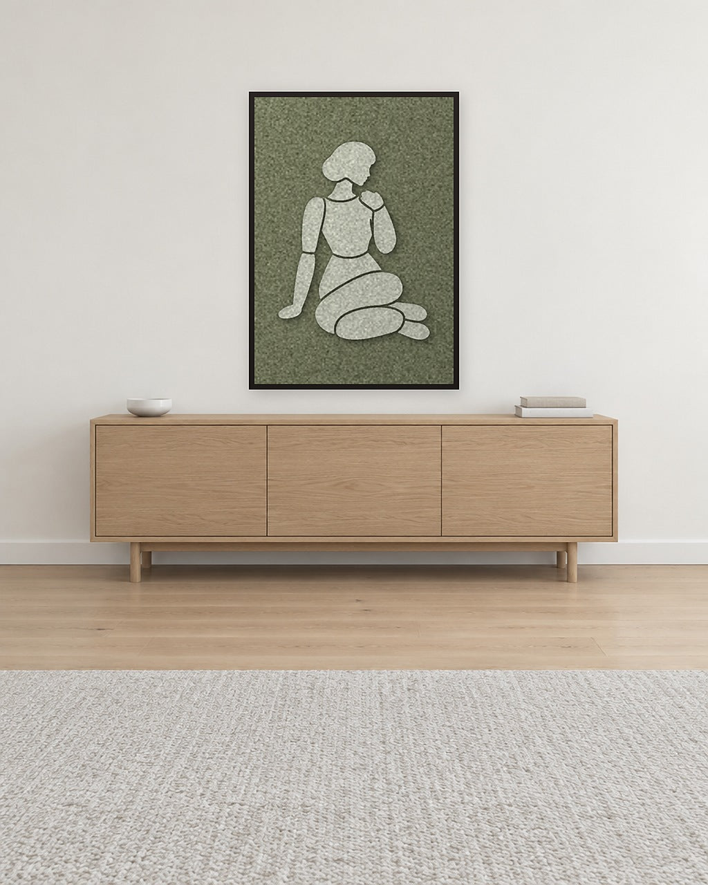 Shoulder Rest Fern Filzpaneel mit schwarzem Schattenfugenrahmen an der Wand in einem hellen skandinavischen Interieur