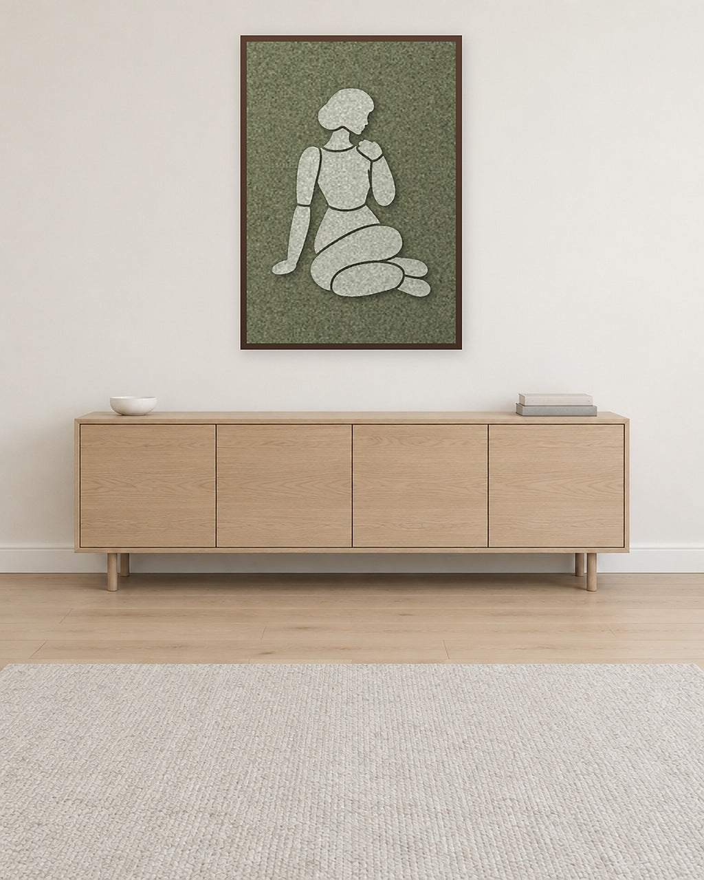 Shoulder Rest Fern Filzpaneel mit kastanienbraunem Schattenfugenrahmen an der Wand in einem skandinavischen Interieur