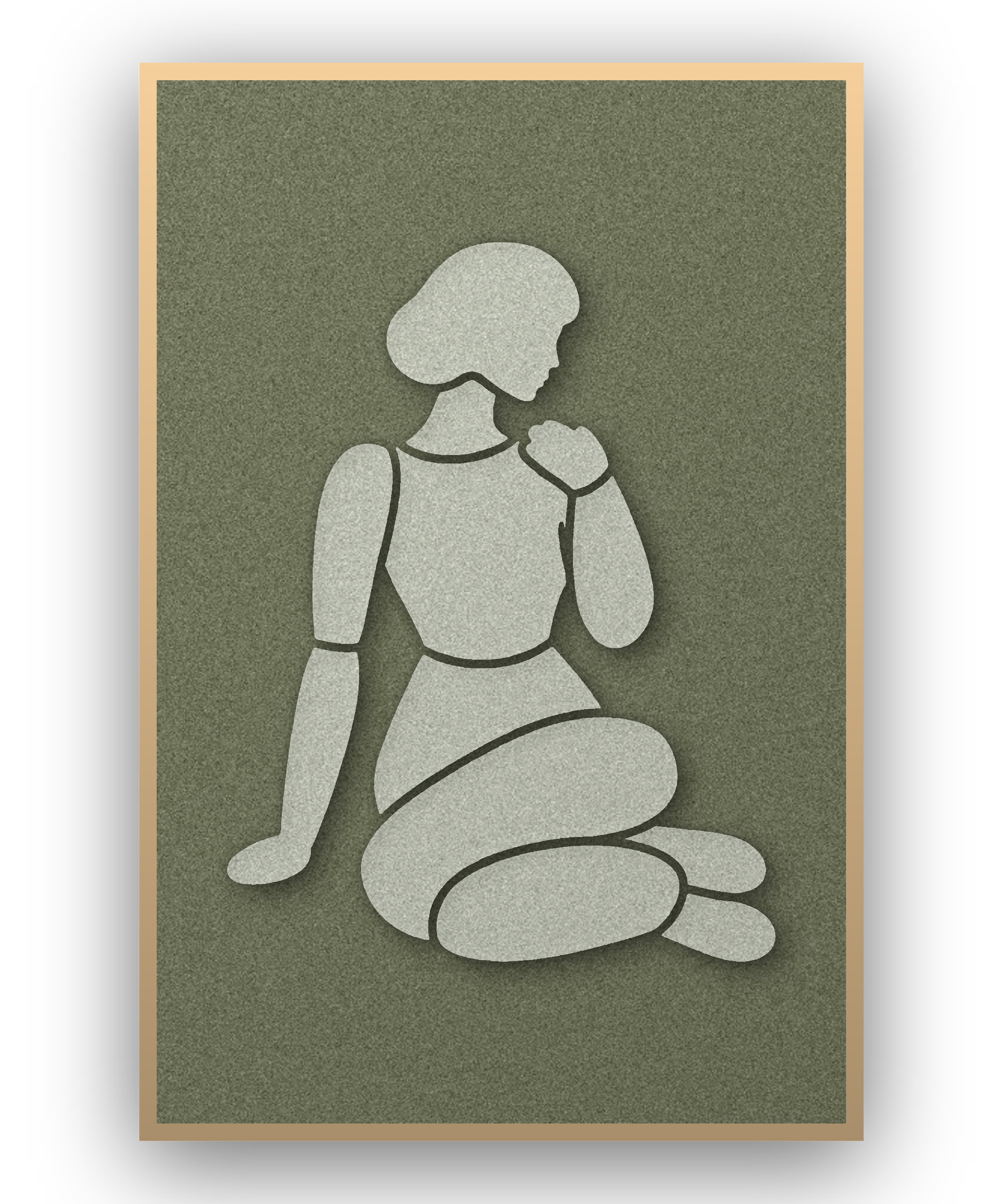 Shoulder Rest Fern Akustikpaneel aus Filz mit aufgelegter Frauenfigur in Graugrün auf Waldgrün, mit Schattenfugenrahmen in Natur
