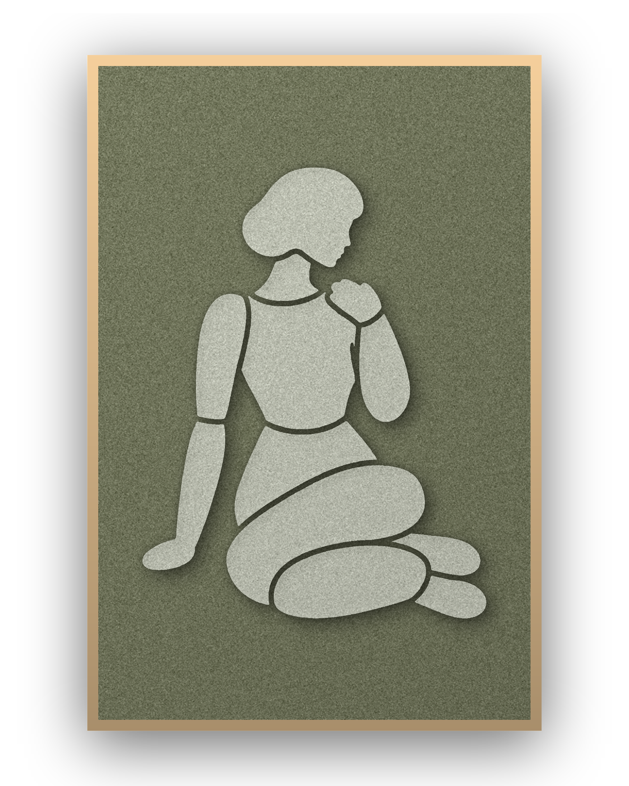 Shoulder Rest Fern Akustikpaneel aus Filz mit aufgelegter Frauenfigur in Graugrün auf Waldgrün, mit Schattenfugenrahmen in Natur