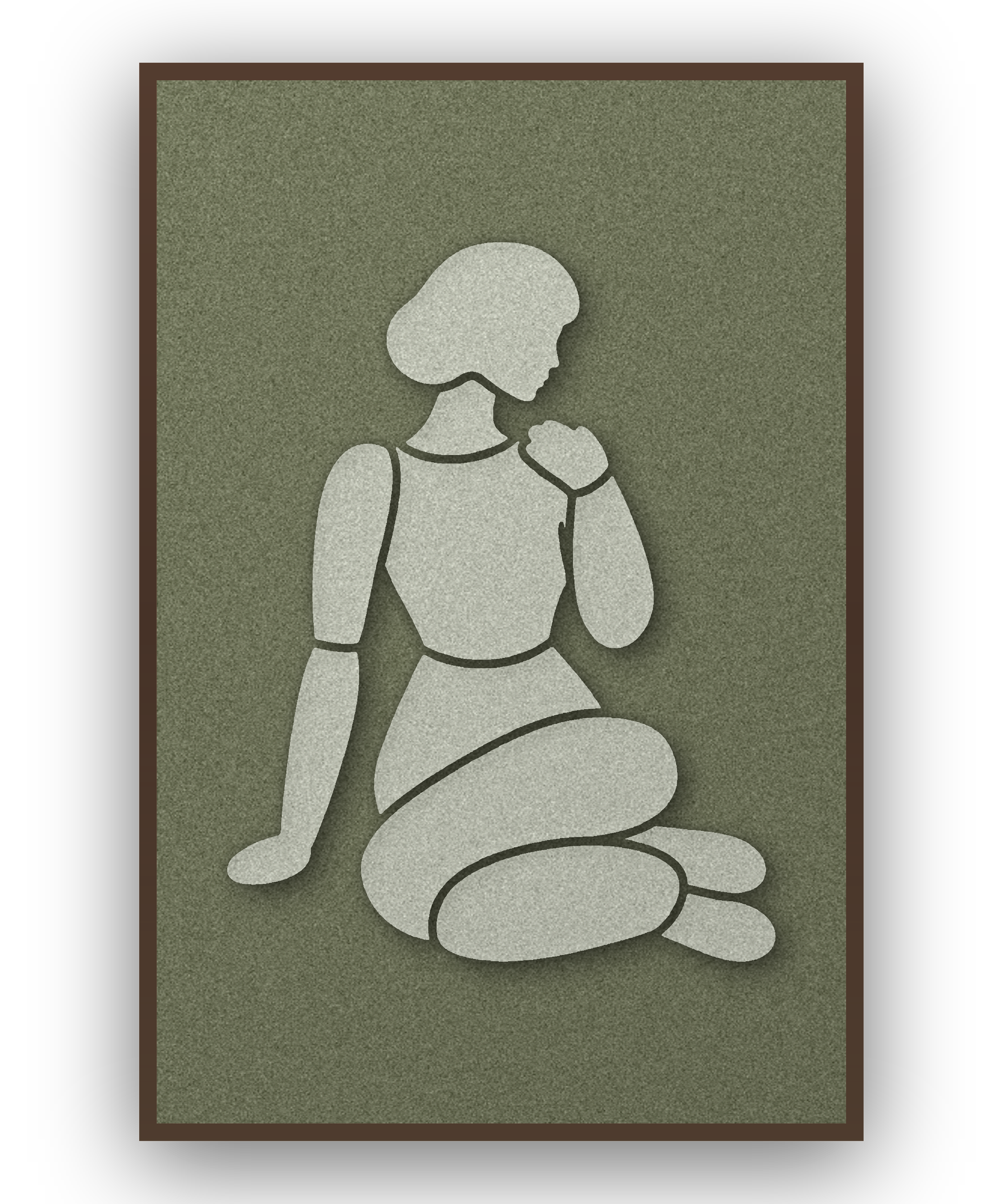Shoulder Rest Fern Akustikpaneel aus Filz mit aufgelegter Frauenfigur in Graugrün auf Waldgrün, mit kastanienbraunem Schattenfugenrahmen