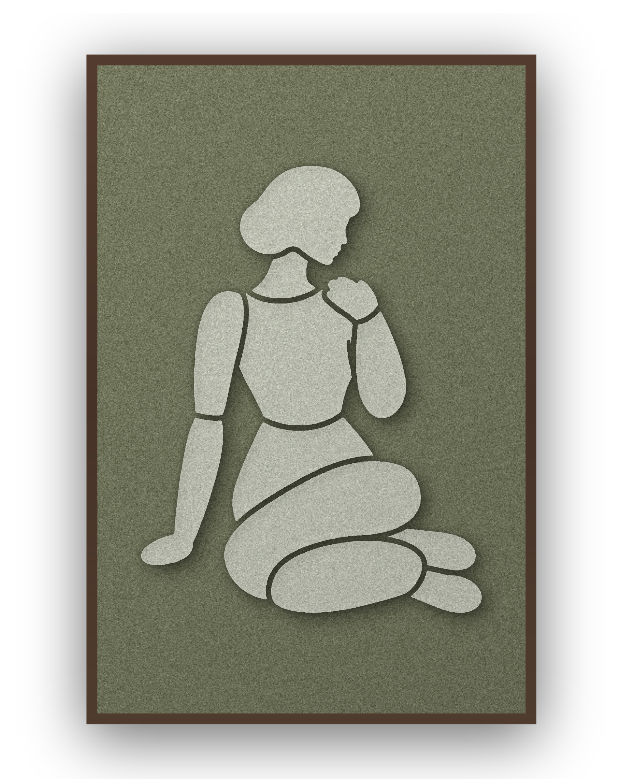 Shoulder Rest Fern Akustikpaneel aus Filz mit aufgelegter Frauenfigur in Graugrün auf Waldgrün, mit kastanienbraunem Schattenfugenrahmen