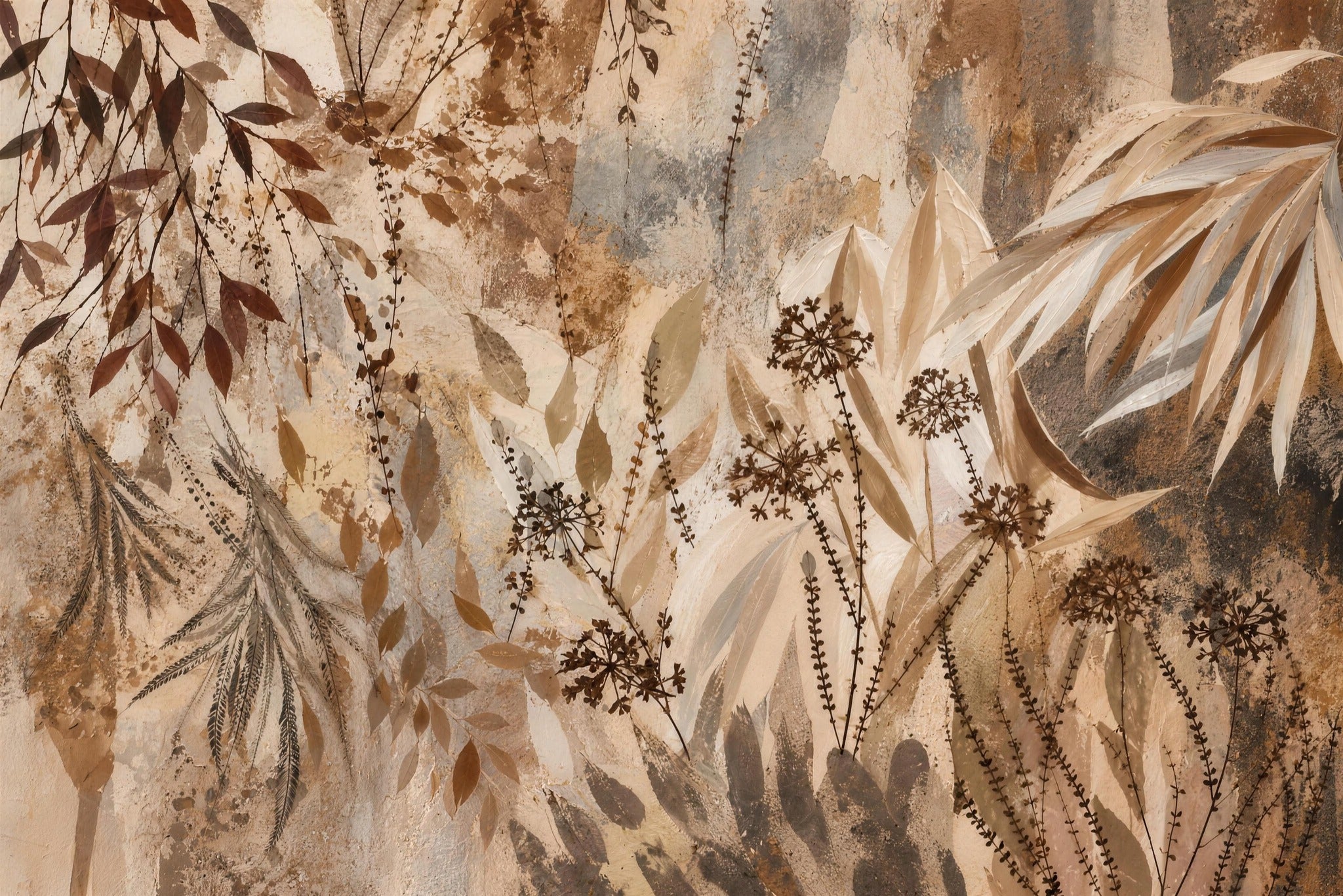 Prairie picturale d'herbes et de feuilles séchées terre de Sienne, caramel et crème, Wandkraft