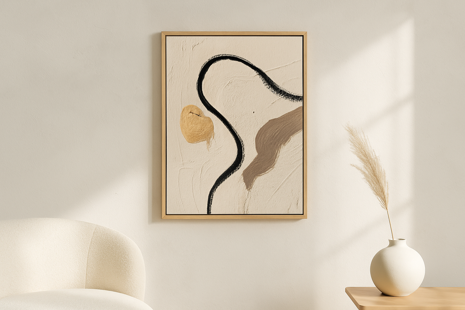 Single Thread van Wandkraft op canvas in blanke baklijst, in een licht Scandinavisch interieur.